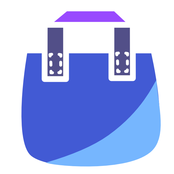 A blue bag with a purple handle and white line art